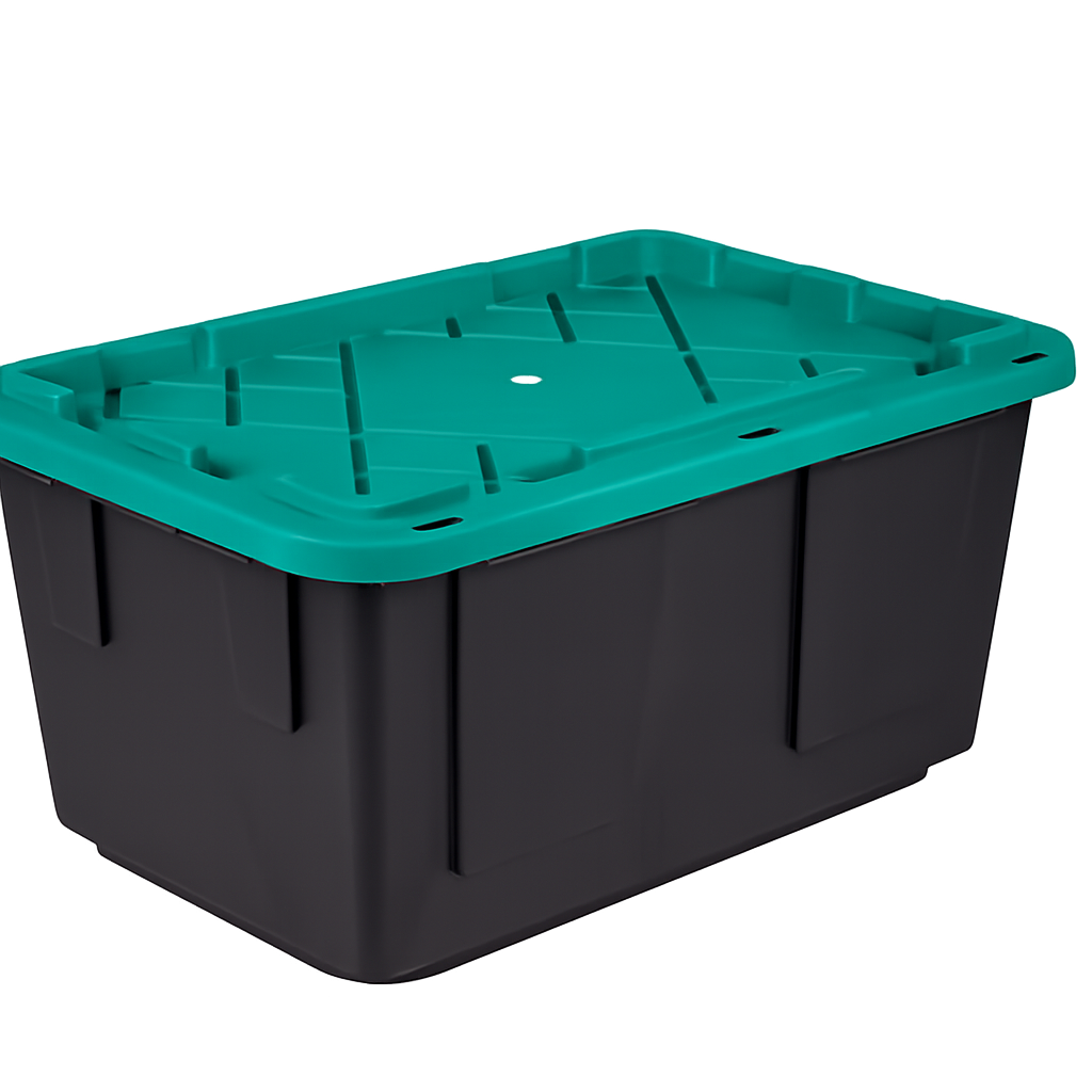 27-gallon black moving tote with teal snap lid
